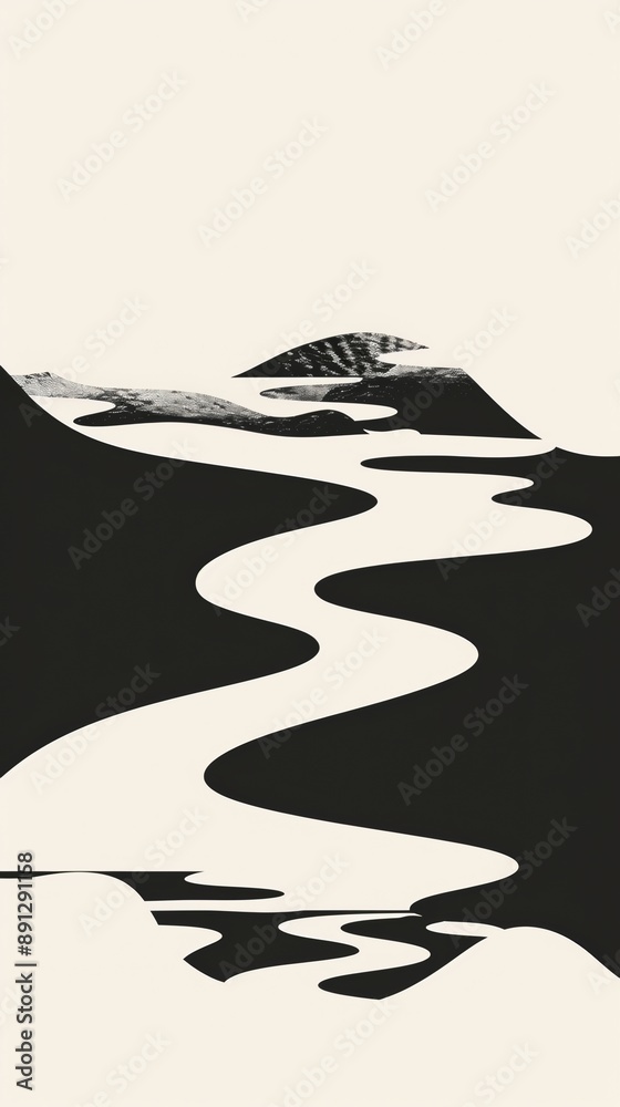 Fototapeta premium Abstract Landscape with Curved River and Mountain Silhouette
