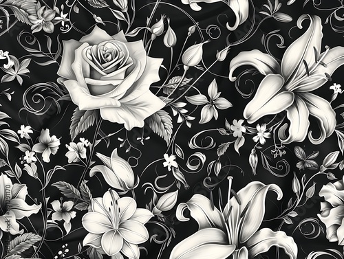 An elegant t-shirt design with a black and white floral pattern featuring roses lilies and vines intricately intertwined. The design is classic and sophisticated.