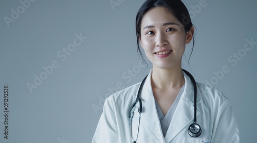 a caring Asian female doctor in a white coat and stethoscope, smiling and radiating professionalism, against a neutral gray backdrop 