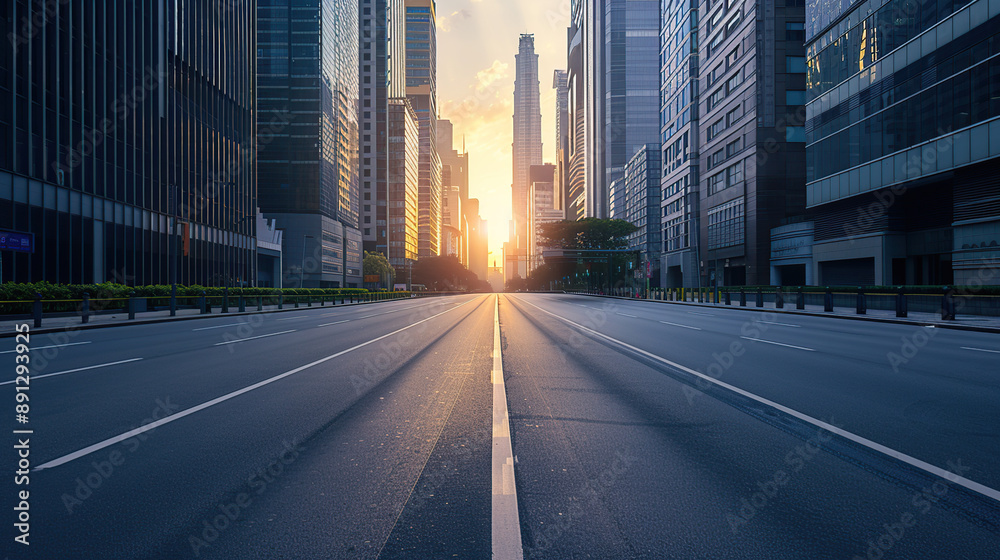 An empty street in the city center with tall buildings on both sides An empty street in the city center with tall buildings on both sides