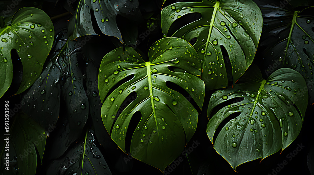 3d rendering of Philodendron green leaves in a tropical rain forest, clean concept visual composition, dark edge, high detail on black background 3d rendering of Philodendron green leaves in a tropical rain forest, clean concept visual composition, dark edge, high detail on black background