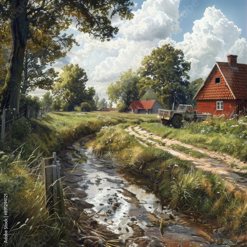 Peaceful Rural Scene with Traditional Drainage Ditch and Farming Equipment in Natural Colors