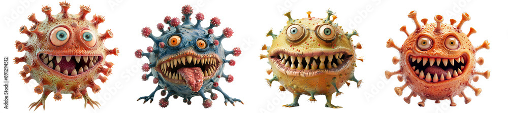 Fototapeta premium Colorful cartoon virus characters with expressive faces transparent background