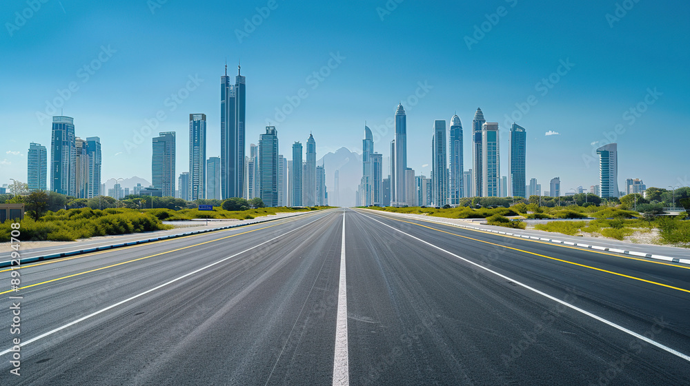 A wide highway leads to the city skyline A wide highway leads to the city skyline