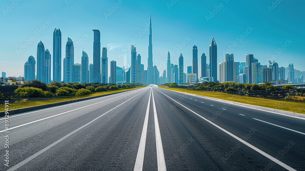 A wide highway leads to the city skyline A wide highway leads to the city skyline