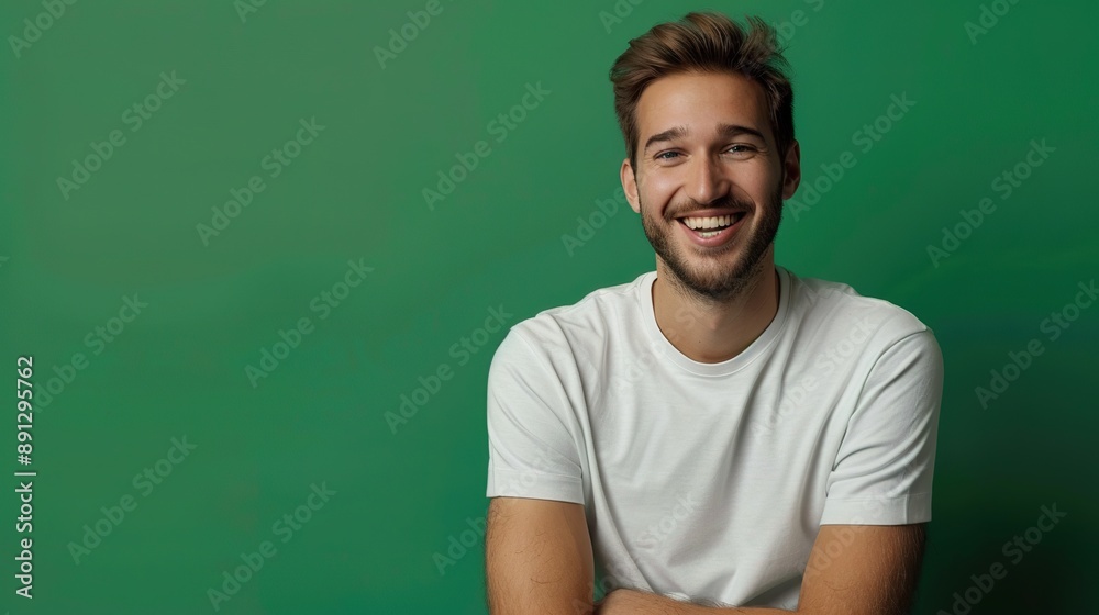 a cheerful guy in a relaxed pose, dressed casually, against a green backdrop that symbolizes vitality and growth a cheerful guy in a relaxed pose, dressed casually, against a green backdrop that symbolizes vitality and growth