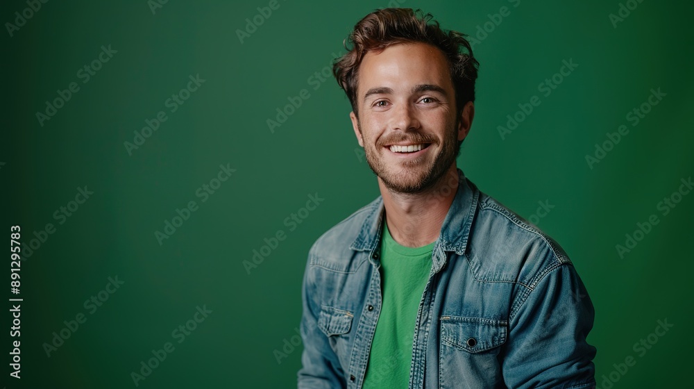 a cheerful guy in a relaxed pose, dressed casually, against a green backdrop that symbolizes vitality and growth a cheerful guy in a relaxed pose, dressed casually, against a green backdrop that symbolizes vitality and growth