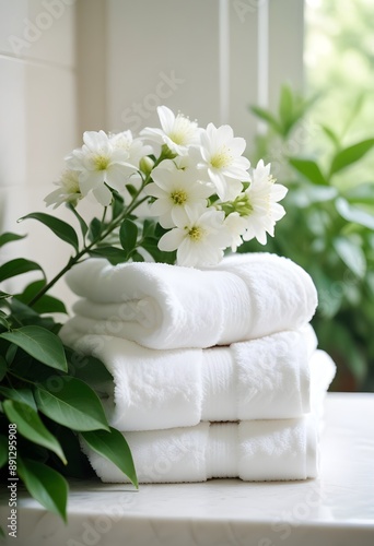 White towels stacked neatly with a branch of white flowers and green leaves in the background