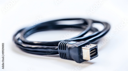 Black Data Cable on white background ,hdmi cable to connect tv, reciever, pc ,High defination hdtv digital interface television hdmi cable ,Universal Serial Bus connectors, cable on white background