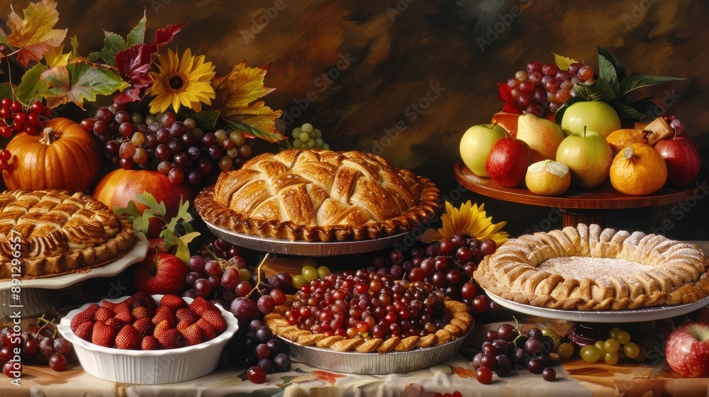 A harvest festival table overflowing with assorted pies and seasonal fruits, Classic, Rich warm colors, Oil painting, Abundant and inviting A harvest festival table overflowing with assorted pies and seasonal fruits, Classic, Rich warm colors, Oil painting, Abundant and inviting