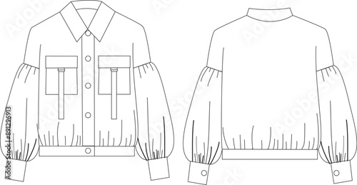 This cropped top with puff sleeve technical drawing features detailed elements, including the puff sleeve design, cropped silhouette, and seam lines. Ideal for fashion designers and garment makers, it