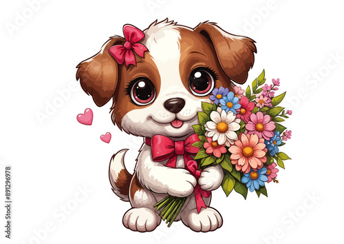 Cute dog holding a Bouquet