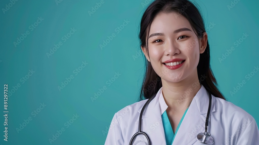 a compassionate Asian female doctor in a white coat, smiling warmly and looking at the camera with a stethoscope around her neck, against a teal background that symbolizes trust and reliability a compassionate Asian female doctor in a white coat, smiling warmly and looking at the camera with a stethoscope around her neck, against a teal background that symbolizes trust and reliability
