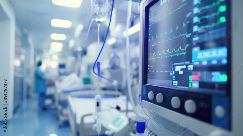Close-up of a heart monitoring device in a modern hospital ICU room with blurred medical staff. Medical technology, patient care, health monitoring, ICU equipment, hospital technology concept. Close-up of a heart monitoring device in a modern hospital ICU room with blurred medical staff. Medical technology, patient care, health monitoring, ICU equipment, hospital technology concept.
