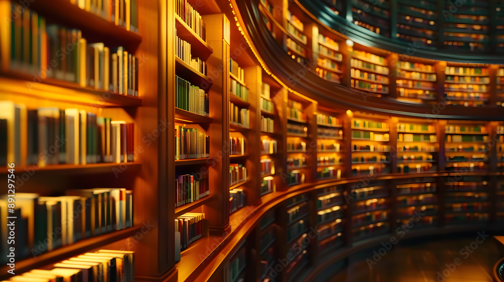 Warmly lit library shelves curve, library wall full of books, a modern twist on classic education and literature Warmly lit library shelves curve, library wall full of books, a modern twist on classic education and literature