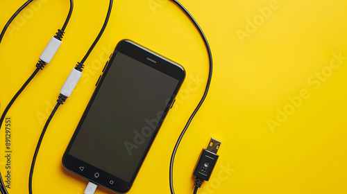 Charging a smartphone via a USB cable on a yellow background, top view ,Silhouette of a black smartphone hanging with a usb charging cable on a yellow background