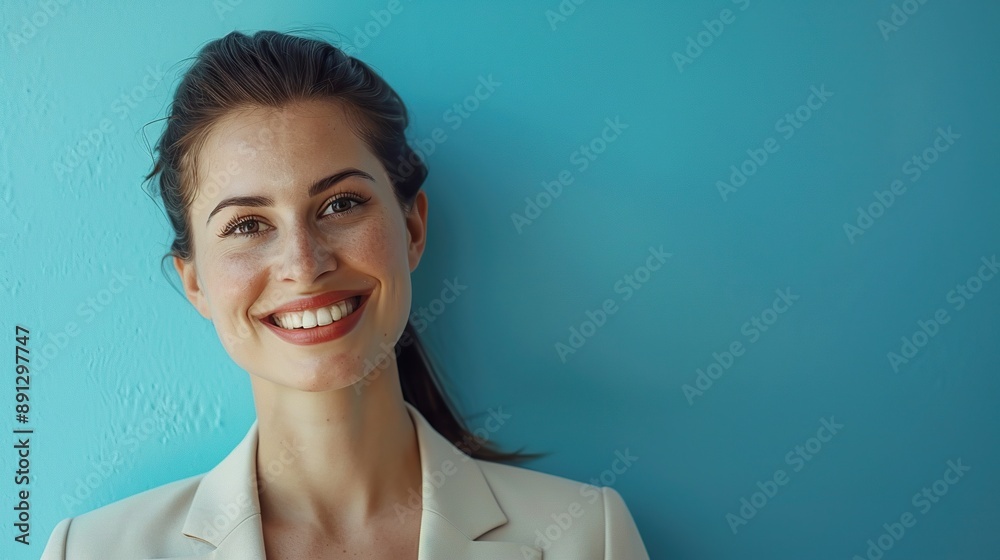 a confident businesswoman smiling warmly, with space next to her for text, against a serene blue background that enhances professionalism. a confident businesswoman smiling warmly, with space next to her for text, against a serene blue background that enhances professionalism.