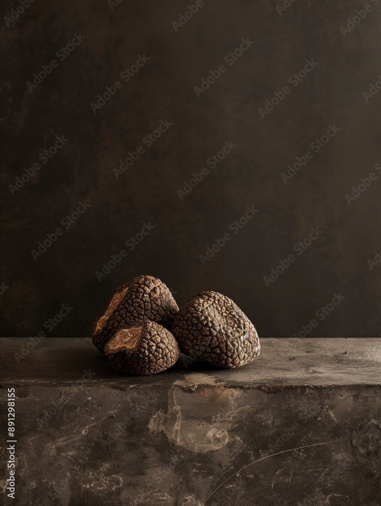 Three whole black truffles on textured stone surface with dark background. Culinary ingredients, gourmet cooking, luxury dishes, high-end cuisine, mushroom delicacy, food photography. Three whole black truffles on textured stone surface with dark background. Culinary ingredients, gourmet cooking, luxury dishes, high-end cuisine, mushroom delicacy, food photography.