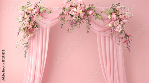 Pink floral archway with delicate blossoms and soft pink fabric photo