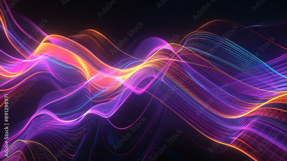 A dynamic 3D composition with neon lights emitting a radiant glow in shades of purple, orange, and teal, set against a black background for a captivating visual experience A dynamic 3D composition with neon lights emitting a radiant glow in shades of purple, orange, and teal, set against a black background for a captivating visual experience