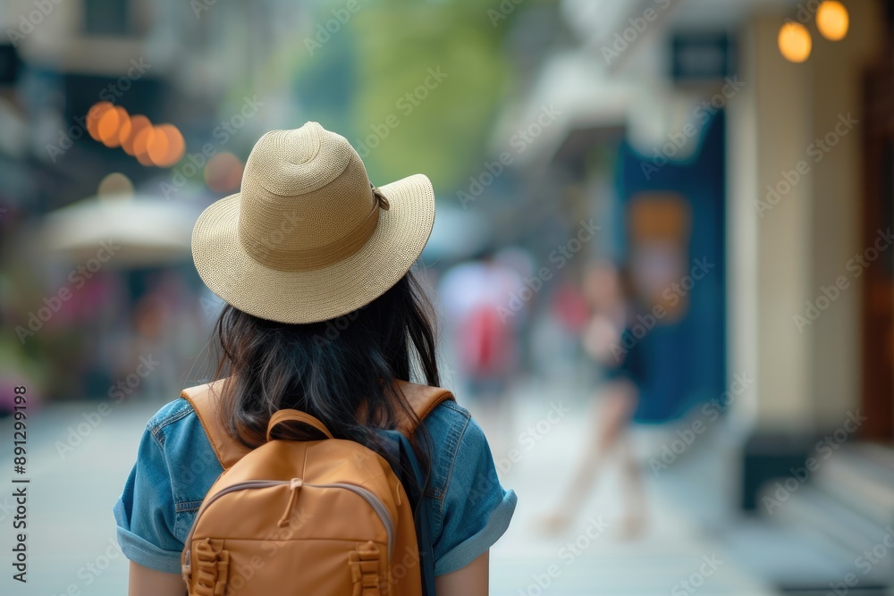 Tourist Woman with Hat and Backpack Enjoying Scenic View Tourist Woman with Hat and Backpack Enjoying Scenic View