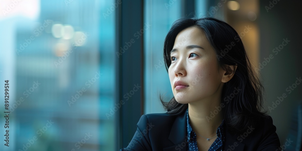 Obraz premium Executive Woman Observing Cityscape Through Window