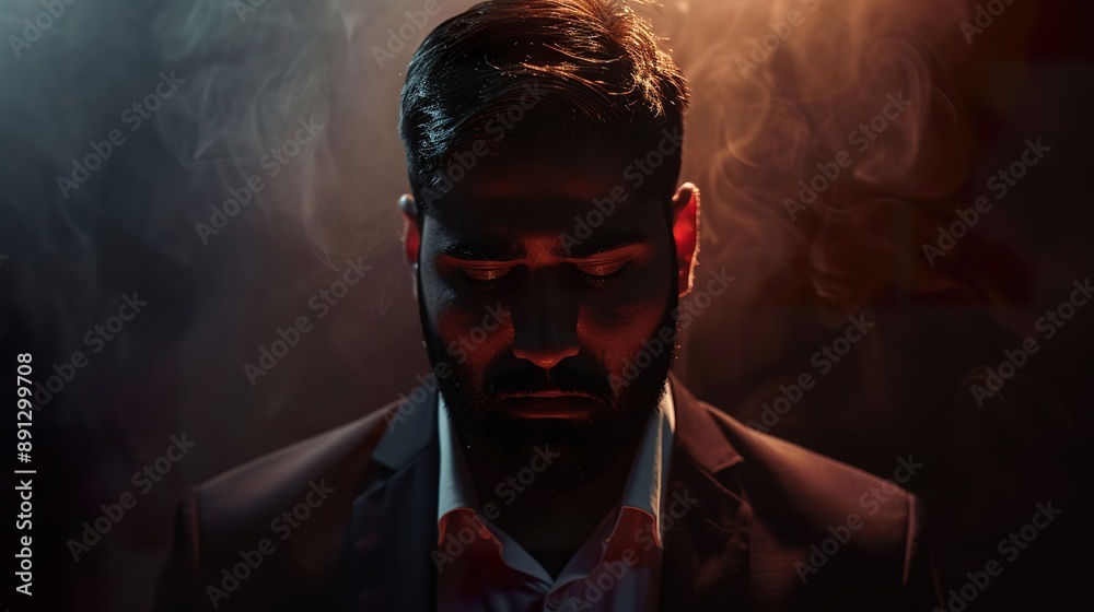 a contemplative, young Indian businessman with a beard, set against a dark background with atmospheric lighting a contemplative, young Indian businessman with a beard, set against a dark background with atmospheric lighting