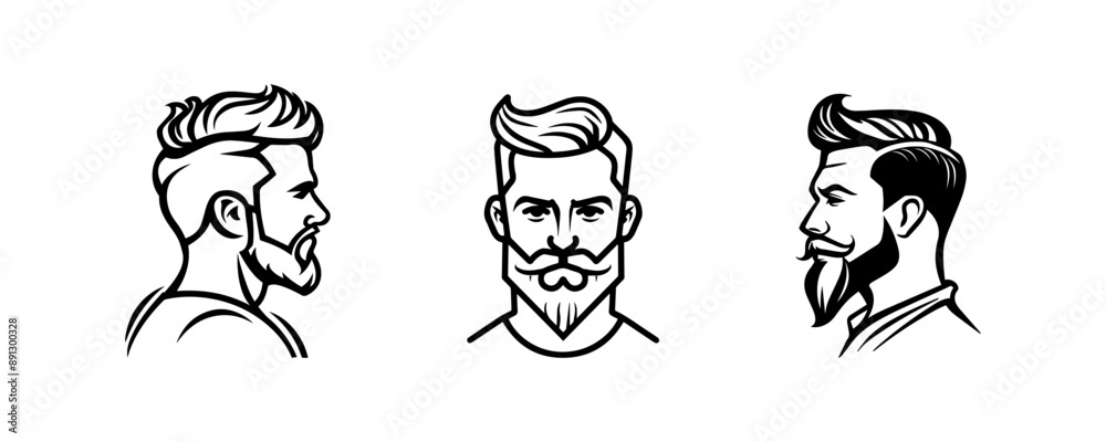 Fototapeta premium Stylish male haircuts and beards in monochrome style.
