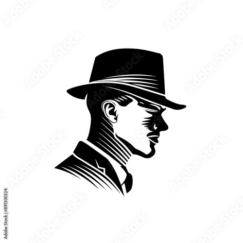 Stylized male profile in fedora hat with sharp shadows.