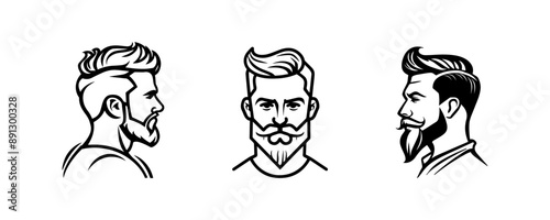 Stylish male haircuts and beards in monochrome style.