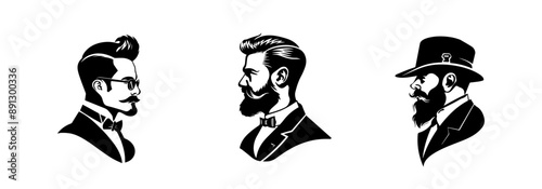 Stylish gentlemen portraits, facial hair, vintage fashion.