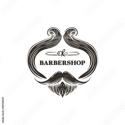 Stylized mustache and beard logo for barbershop with elegant razor detail.