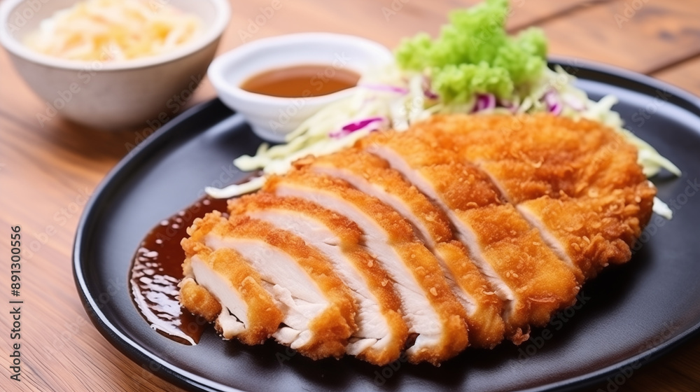 Close up of a golden crispy katsu on ceramic black plate with sauce salad dressing white bowl on the side on wood table izakaya style menu food photography Close up of a golden crispy katsu on ceramic black plate with sauce salad dressing white bowl on the side on wood table izakaya style menu food photography