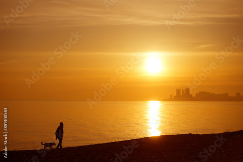 Canvas Print black Silhouette of man walking with their dogs at the beach