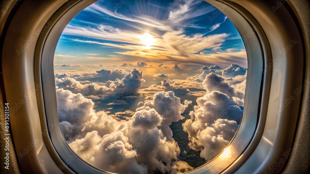 Sun shining through clouds seen from airplane window Sun shining through clouds seen from airplane window
