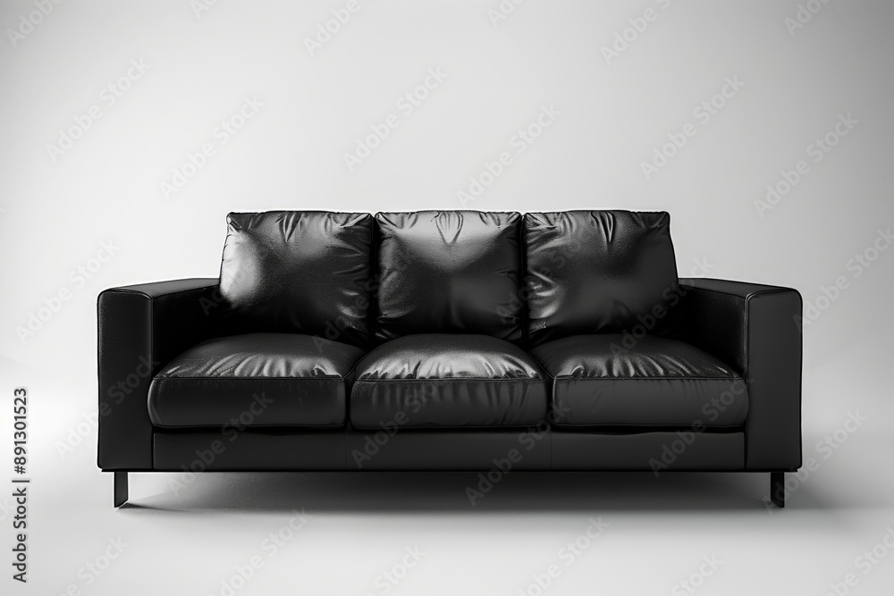 Fototapeta premium Modern black leather sofa standing in a white room