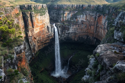 Waterfall cascading down rocky cliff into lush valley