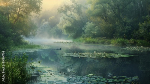 Enigmatic dawn  mystical foggy landscapes and serene dew kissed nature, embracing tranquility photo