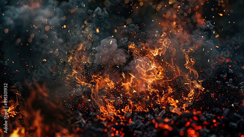 An inferno of swirling smoke and blazing sparks, overlaid with the fiery glow of burning coals, evoking the primal energy of a roaring bonfire in the heart of the night.