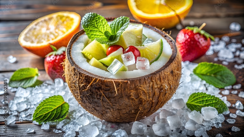 Fresh fruit salad serving in coconut shell on ice with mint leaves Fresh fruit salad serving in coconut shell on ice with mint leaves