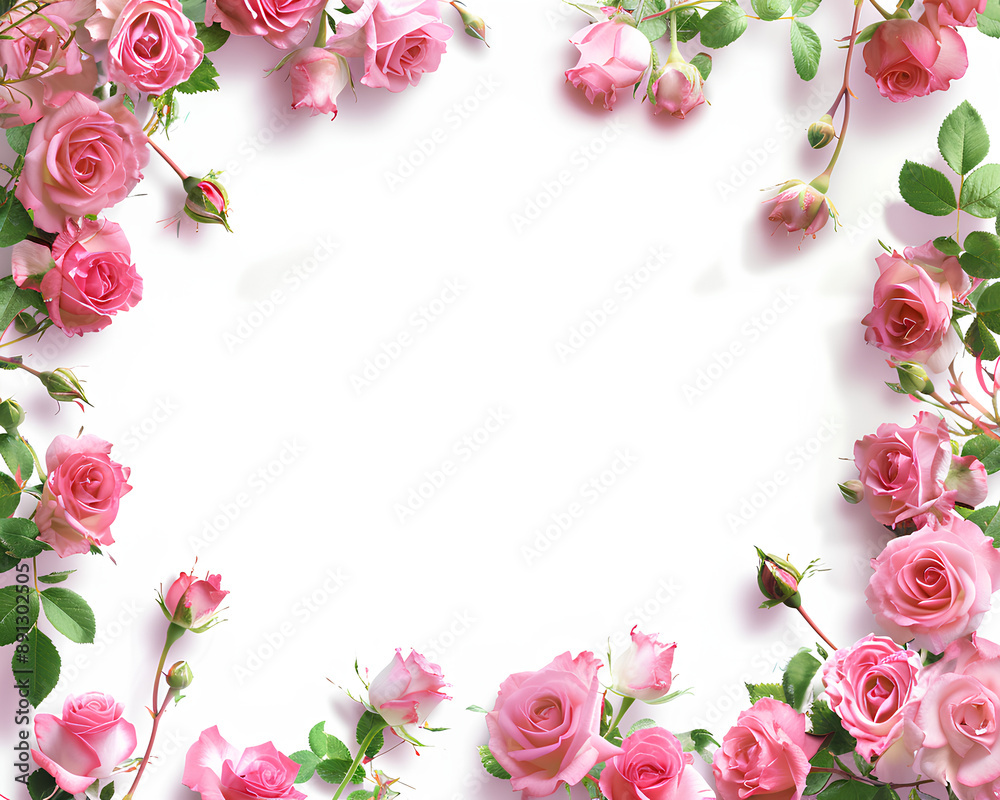 A cute pink rose frame with a white background, roses border, white space for writing text A cute pink rose frame with a white background, roses border, white space for writing text