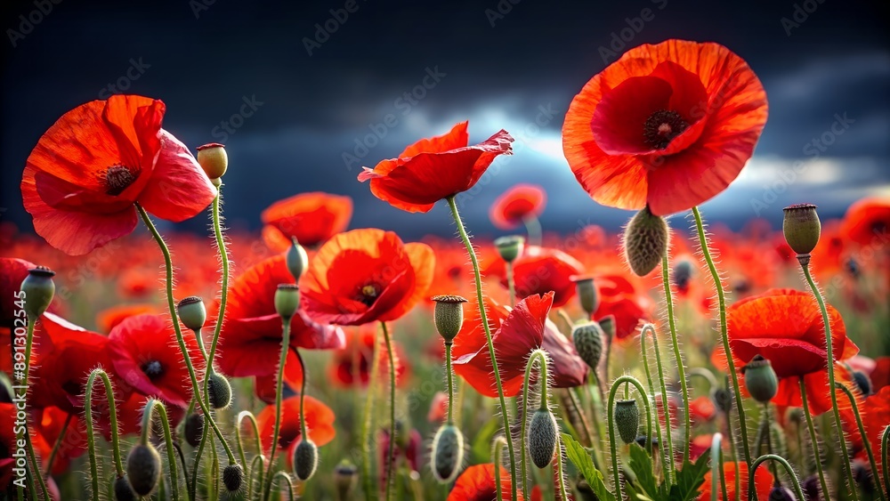Fototapeta premium Red poppy flowers blooming in a field under dramatic sky