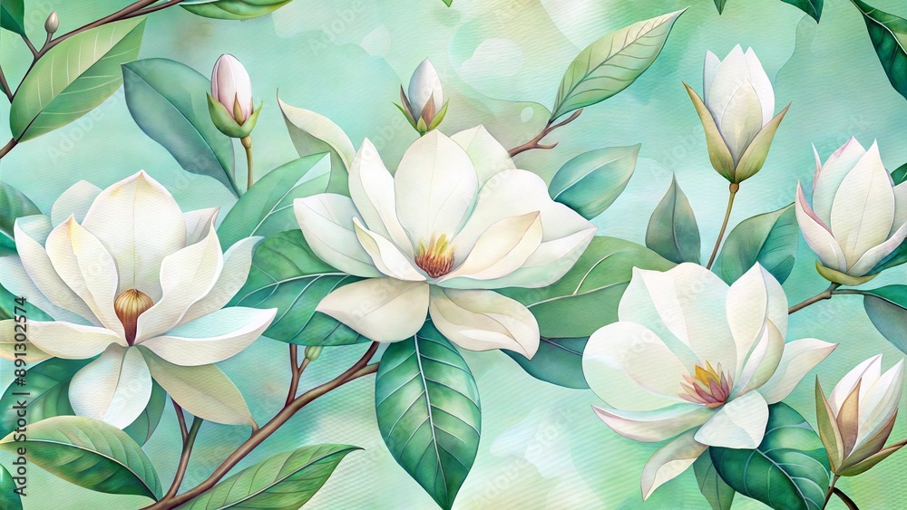 Fototapeta premium White magnolia blossoms on a green branch in full bloom
