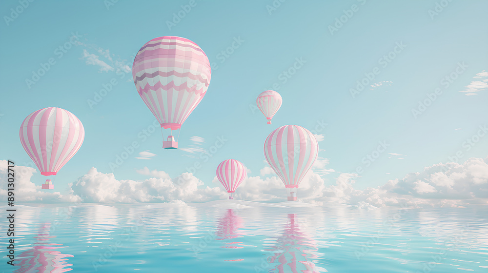 Obraz premium A group of hot air balloons floating in the sky, balloon is striped with pastel pink and white stripes, A light pastel colored clouds background, with a soft dreamy atmosphere, fantasy romantic