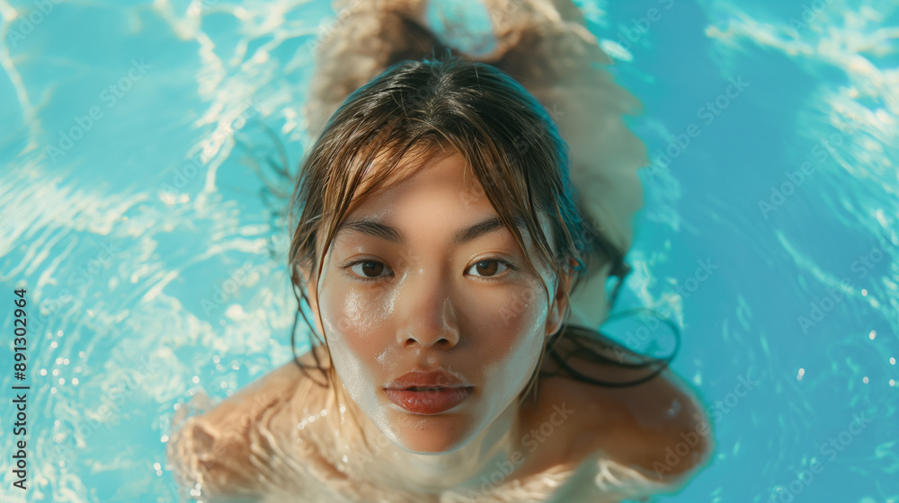 An Asian woman, half-submerged in a clear swimming pool, gazes peacefully at the camera, her face and shoulders above water, exuding tranquility. An Asian woman, half-submerged in a clear swimming pool, gazes peacefully at the camera, her face and shoulders above water, exuding tranquility.