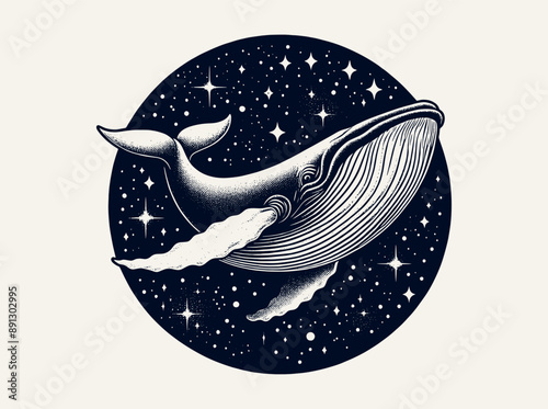 Whale in space. Abstract engraving vector illustration art. Black and white