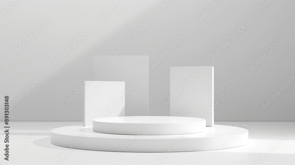3d render of white podium with three vertical blocks on the round platform, 3d render of white podium with three vertical blocks on the round platform,