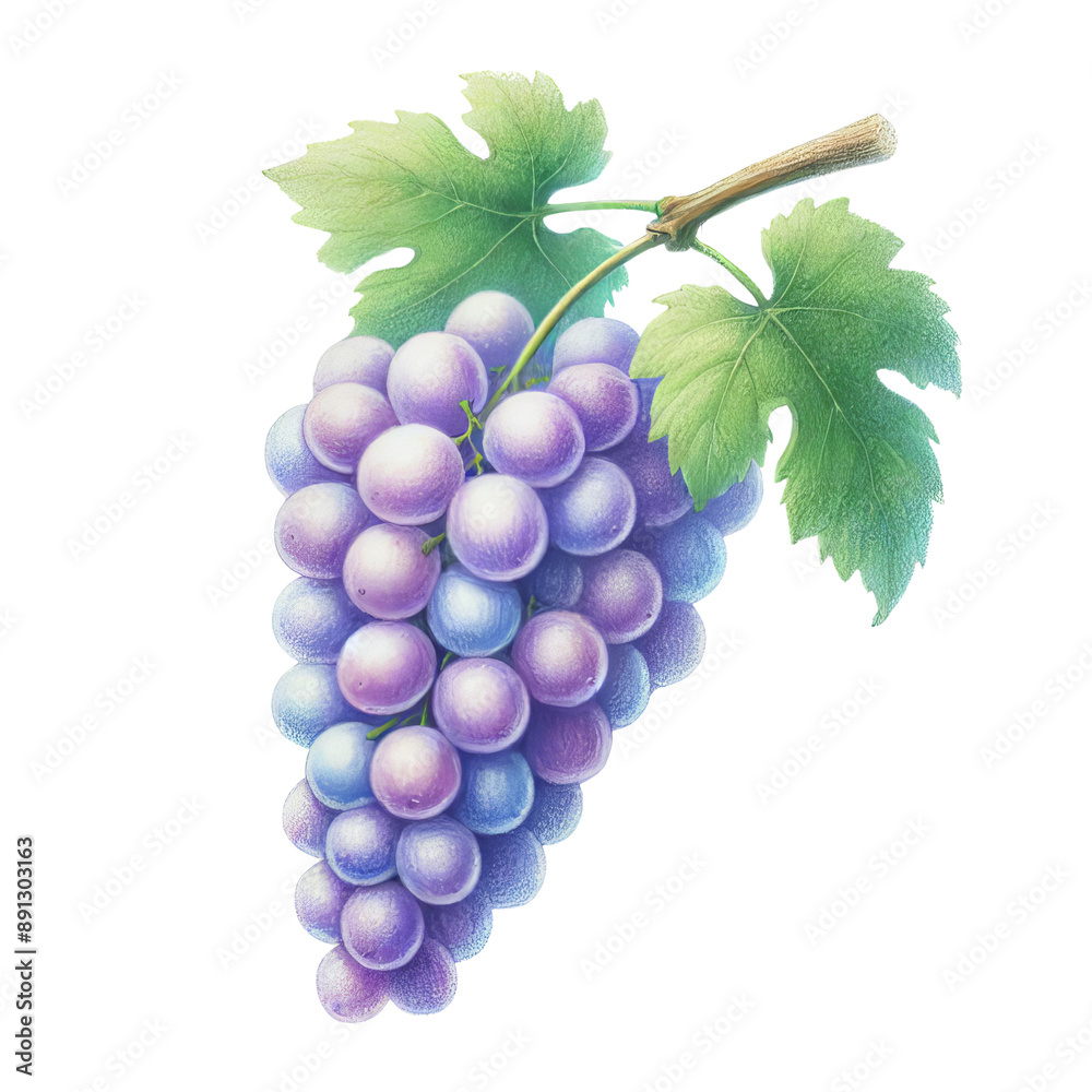 Obraz premium Illustration of a fresh, vibrant grape cluster with green leaves, perfect for food, nature, and wine-related designs.