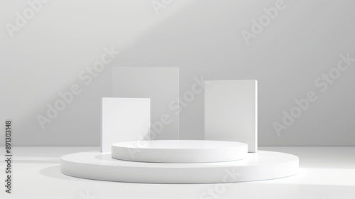 Wallpaper Mural 3d render of white podium with three vertical blocks on the round platform, Torontodigital.ca