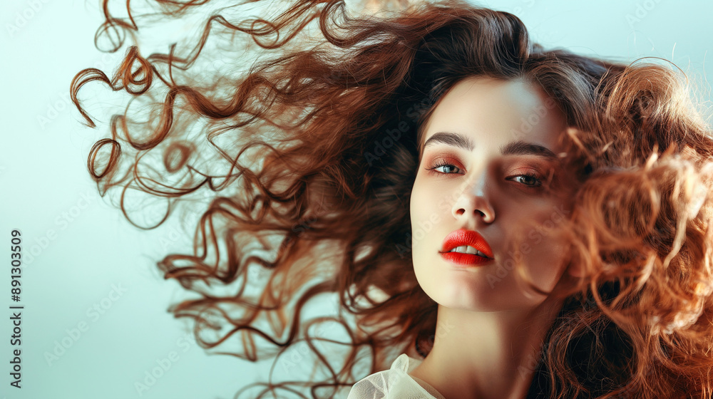 Fototapeta premium A captivating Caucasian woman with voluminous curly hair, striking red lipstick, wearing a sheer outfit, posing confidently against a serene pale blue backdrop.